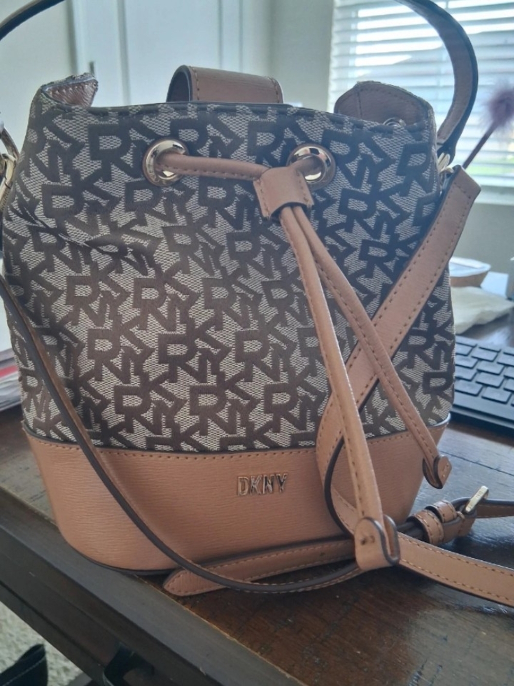DKNY Brown Signature Drawstring Crossbody with Tan Trim